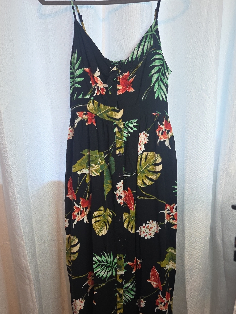 Soprano Black Maxi Dress with Green and Red Tropical Print